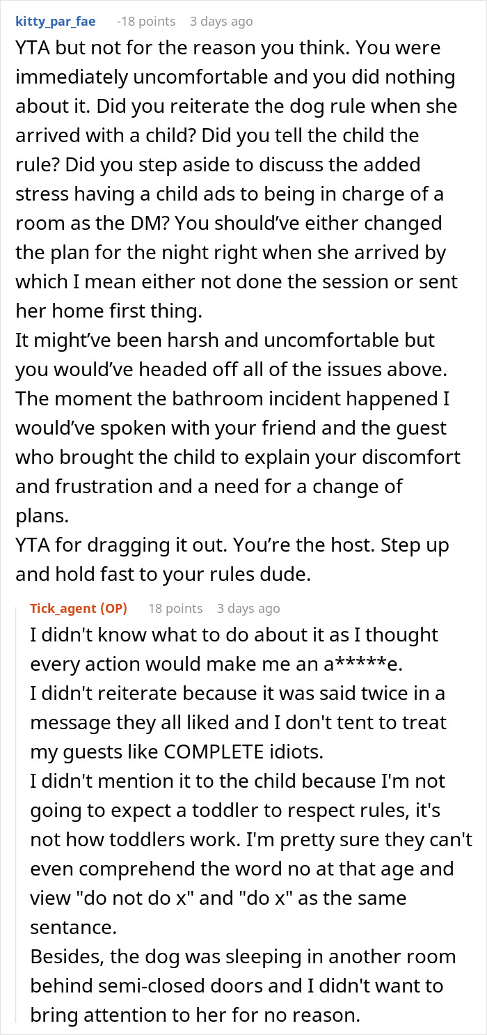 Reddit comments discussing how a D&D night was disrupted by a guest bringing a toddler unexpectedly. Reddit comments discussing how a D&D night was disrupted by a guest bringing a toddler unexpectedly.