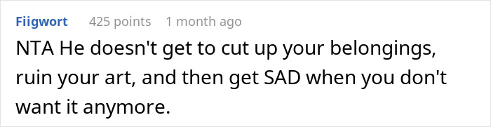 Reddit comment discussing art being ruined and a woman's reaction to it being "fixed" by her boyfriend.