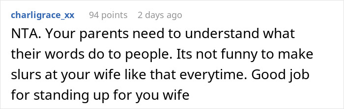 Comment addressing parents' racist remarks towards Thai wife, encouraging support from son.