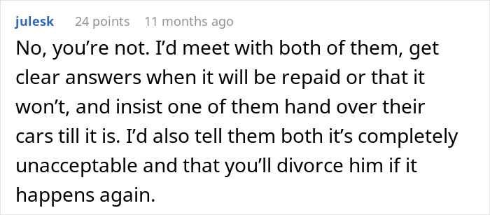 Guy loans mom $7.5K secretly, doesn't tell wife who wants a car, Reddit comment suggests tough approach for repayment.