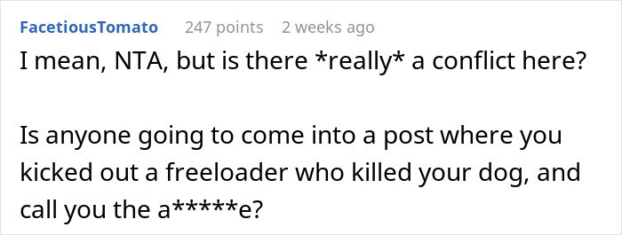 Reddit comment discussing conflict over freeloading and eviction.