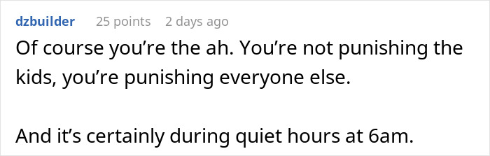 Online comment about night shift worker disturbed by loud kids at 6 am, discussing fairness of response.