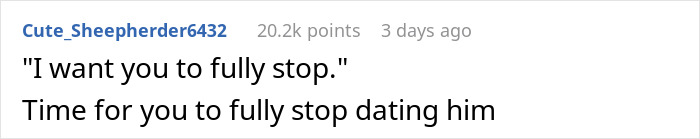 Reddit comment screenshot about a woman who likes the gym, with advice to stop dating a controlling boyfriend. Reddit comment screenshot about a woman who likes the gym, with advice to stop dating a controlling boyfriend.