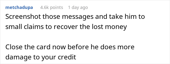 Reddit comment advising a woman on recovering lost $600 and preventing further credit damage.