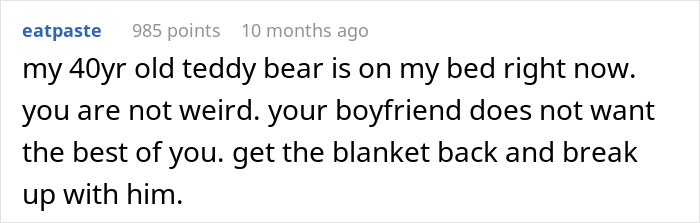 Online comment defending a woman emotionally distraught over her baby blanket taken by boyfriend.