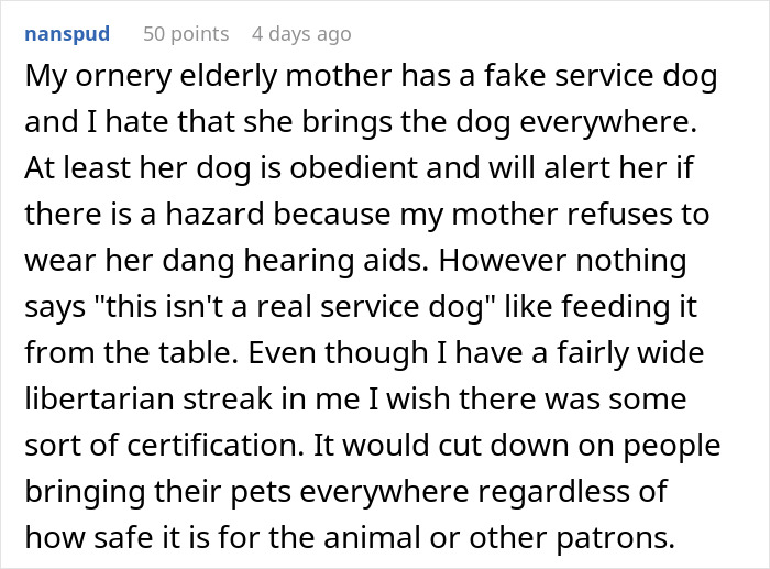 Text conversation about an elderly mother with a fake service dog, discussing concerns over certification and safety.