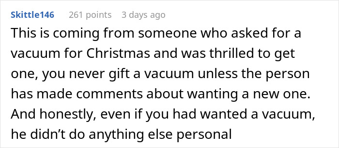 Text message about gifting a vacuum for Christmas, highlighting the importance of personal choice in husband gifts.