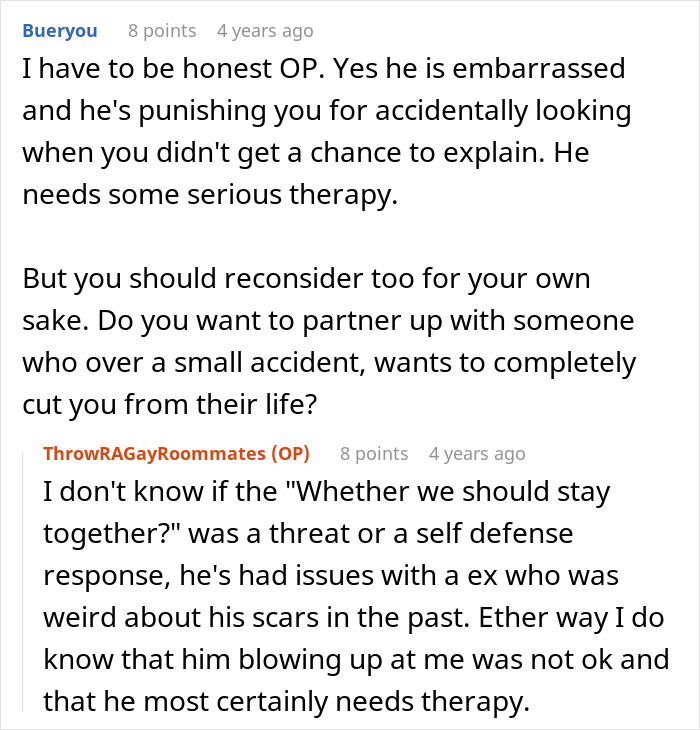 Reddit discussion about relationship issues due to a boyfriend seeing burn scars.