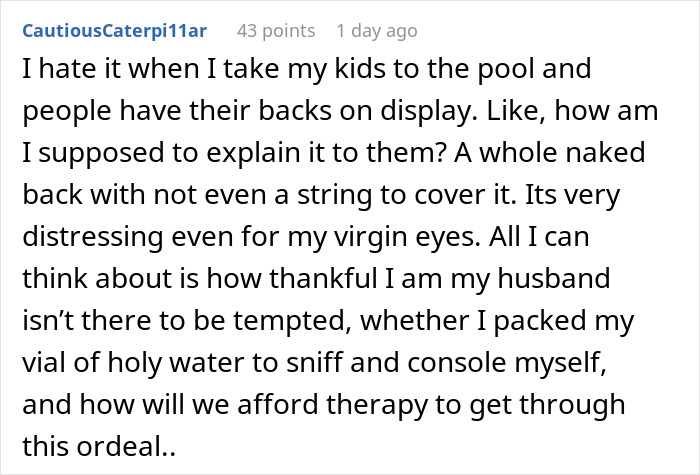 Comment expressing discomfort about a bikini top being untied at a public pool. Comment expressing discomfort about a bikini top being untied at a public pool.