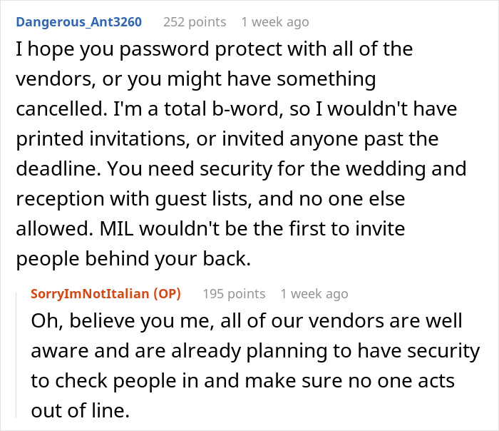 Text exchange about security concerns for wedding invitations and vendor planning.