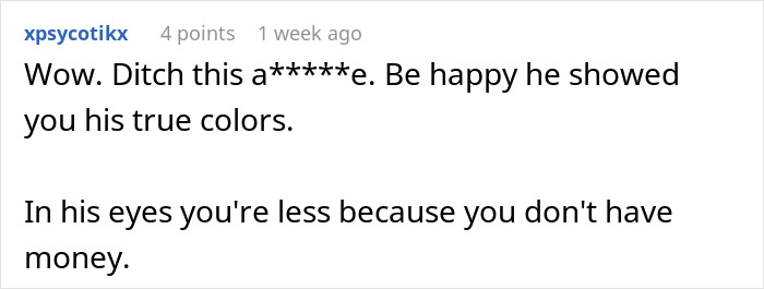 Reddit comment criticizing a wealthy guy's behavior towards his girlfriend. Reddit comment criticizing a wealthy guy's behavior towards his girlfriend.