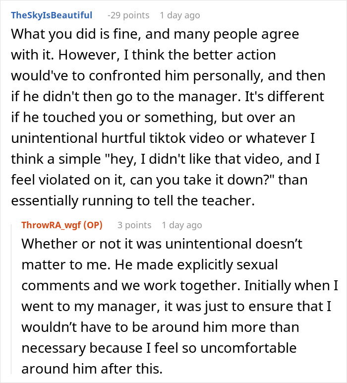 Two online comments discussing a TikTok trend involving a coworker, expressing discomfort and advice for resolution.