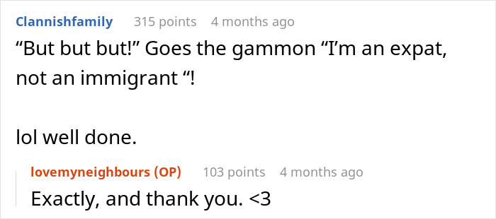 Conversation on immigrants with witty comeback, highlighting irony and stereotypes in a comment exchange.