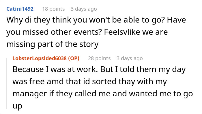 Reddit conversation about feeling excluded from family events, mentioning being at work during sister's baby birth.