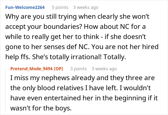 Reddit conversation about a woman enforcing boundaries after being used as an unpaid babysitter by her sister.