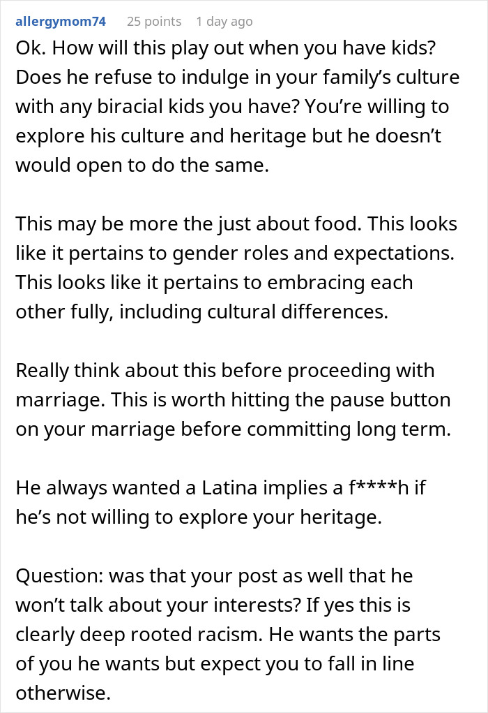 Text comment addressing marriage concerns due to cultural differences and refusal of partner to embrace Hispanic cooking.