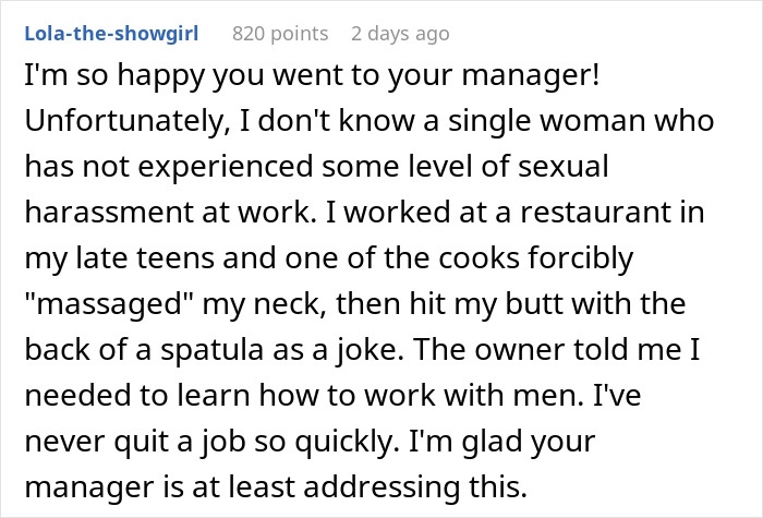 Reddit comment detailing workplace harassment experience related to internet trend involving coworker photo.