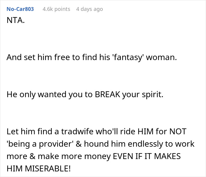 Reddit comment criticizing a husband's expectations about a promotion refusal.