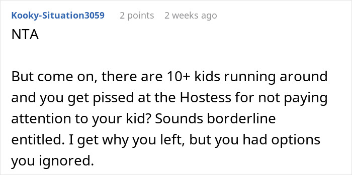 Text from an online forum discussing a party where a girl is isolated, and her mom is criticized for leaving.