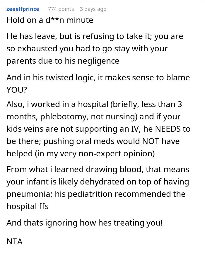 Screenshot of a Reddit comment about a dad blaming his fianc&eacute;e while their newborn battles pneumonia.
