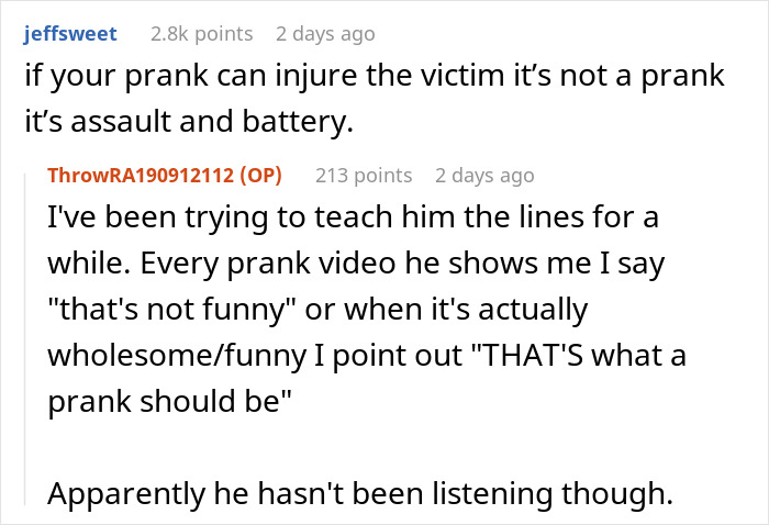 Reddit comments discussing the dangers of pranks after a husband's joke nearly risks wife's life.