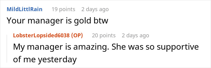 Two users discuss an amazing and supportive manager in a comment thread.