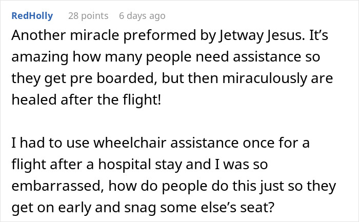 Text conversation about passengers getting pre-boarded under false handicapped claims.