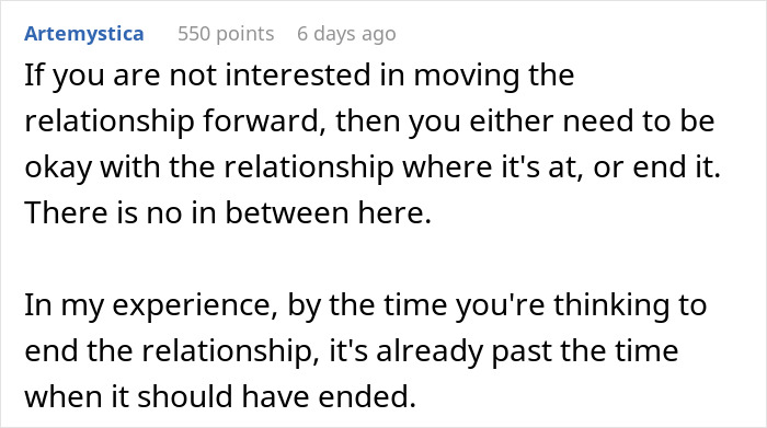 Text from a user about moving forward in a relationship, emphasizing decision-making.