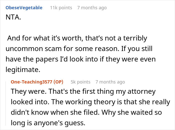Reddit discussion about a woman refusing to share money with late husband's affair child.