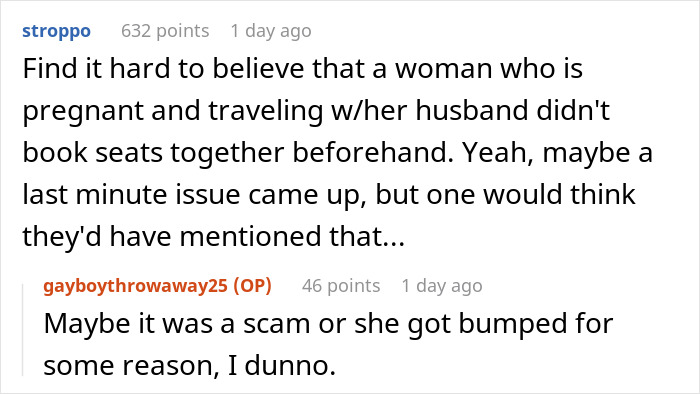 Reddit users discuss a pregnant woman's request to swap plane seats; skepticism arises over the situation's authenticity. Reddit users discuss a pregnant woman's request to swap plane seats; skepticism arises over the situation's authenticity.