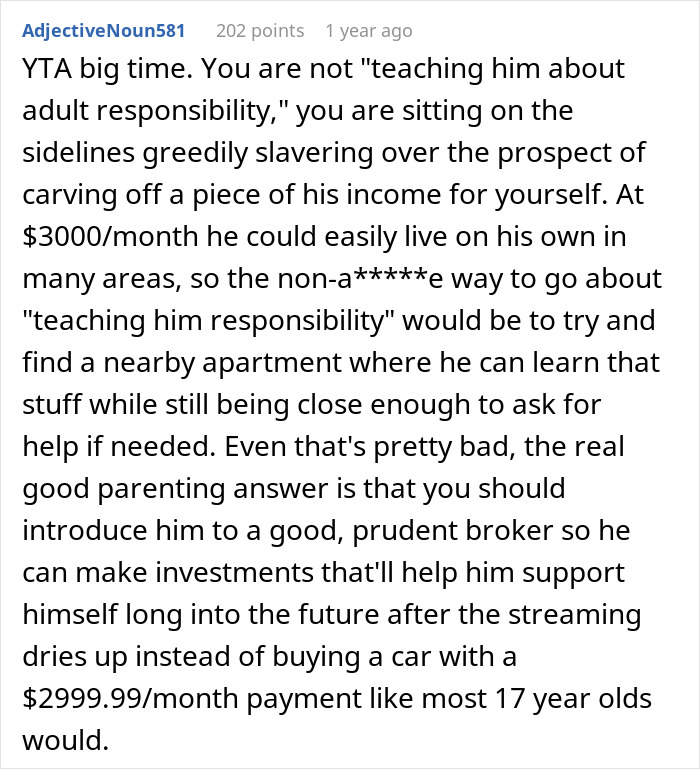 Text discussing the appropriateness of charging a 17-year-old son $600 rent due to his high earnings.