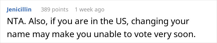 Comment discussing name change consequences, mentioning impact on voting in the US.