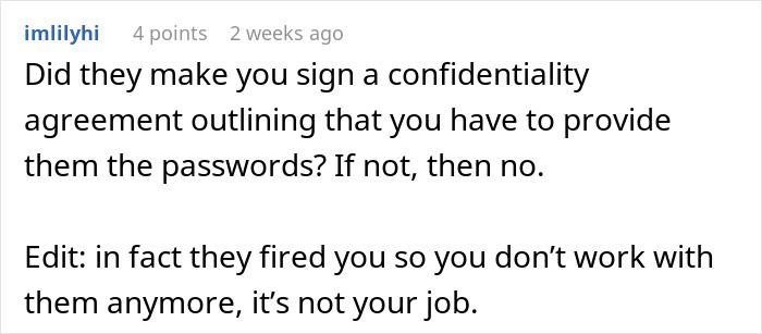 Reddit comment discusses confidentiality agreement and employee being fired, touching on company and employee relations.