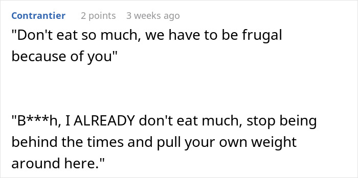 Text exchange highlighting food-related conflict and fat-shaming among roommates. Text exchange highlighting food-related conflict and fat-shaming among roommates.