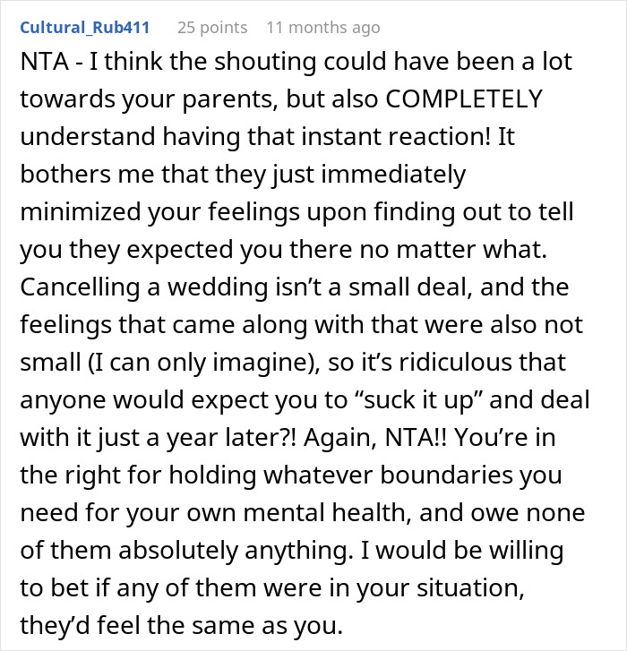 Reddit post discussing relationship dynamics, mentioning a cancelled wedding and setting boundaries for mental health.