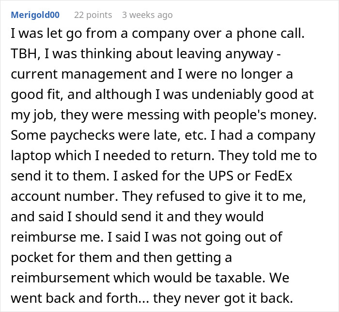 Text description of a post about being fired without notice and issues returning a company laptop.