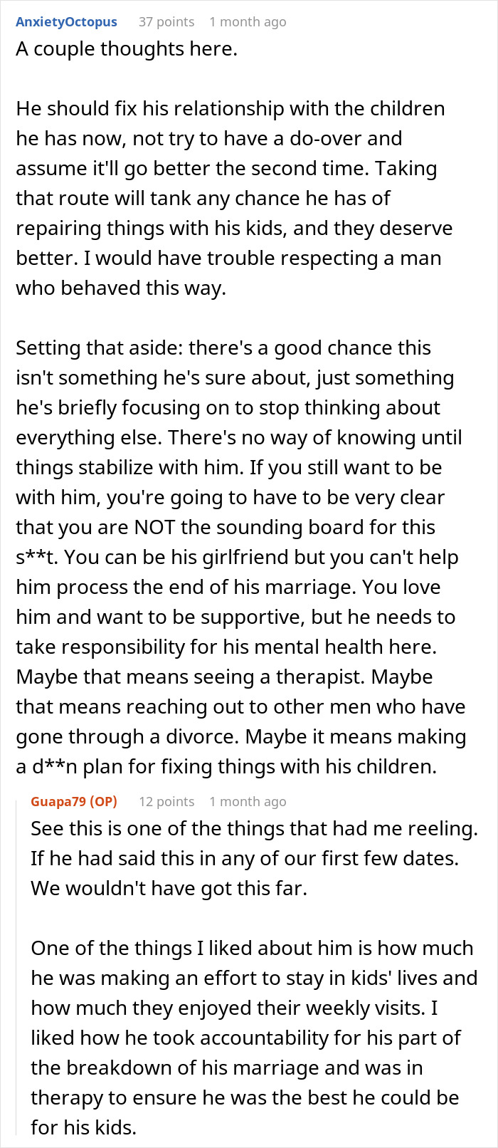 Reddit comment discussing a breakup over a desire for kids and relationship dynamics. Reddit comment discussing a breakup over a desire for kids and relationship dynamics.