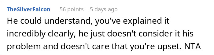 Comment discussing husband's disregard in a disagreement over lunch. Comment discussing husband's disregard in a disagreement over lunch.