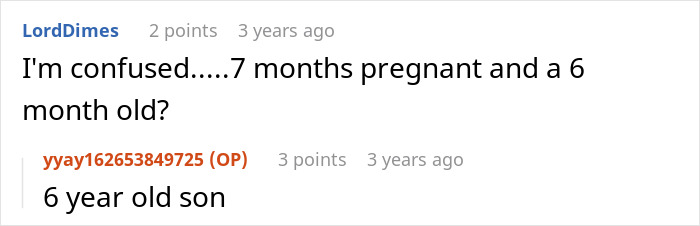 Reddit post discussing the confusion about a user's pregnancy and having a 6-year-old son.