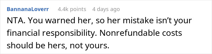 Reddit comment about a woman furious over trip reimbursement from friends, stating it's not her financial responsibility. Reddit comment about a woman furious over trip reimbursement from friends, stating it's not her financial responsibility.