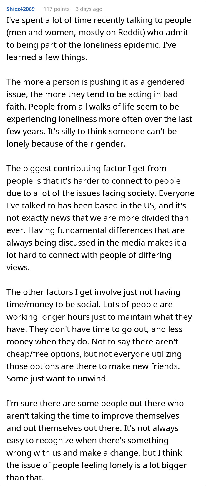 Reddit user shares insights on the male loneliness epidemic, highlighting societal and personal challenges in connection.