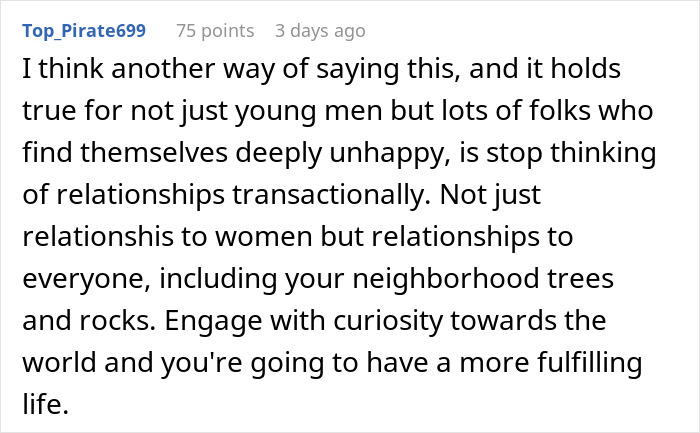 Text discussing a solution for male loneliness, suggesting non-transactional relationships to improve fulfillment.