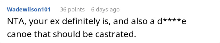 Comment criticizing a 'manchild' ex, suggesting harsh actions.