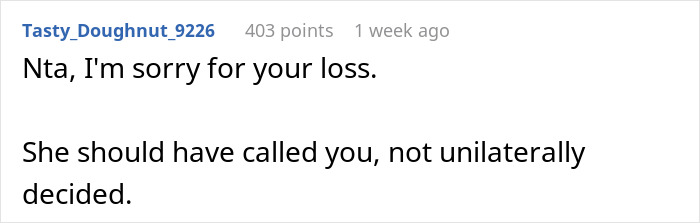 Reddit comment expressing sympathy and disagreement with a wife's decision involving a dog.