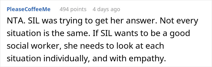 Comment discussing adoption, empathy, and individuality, emphasizing that every situation is unique.