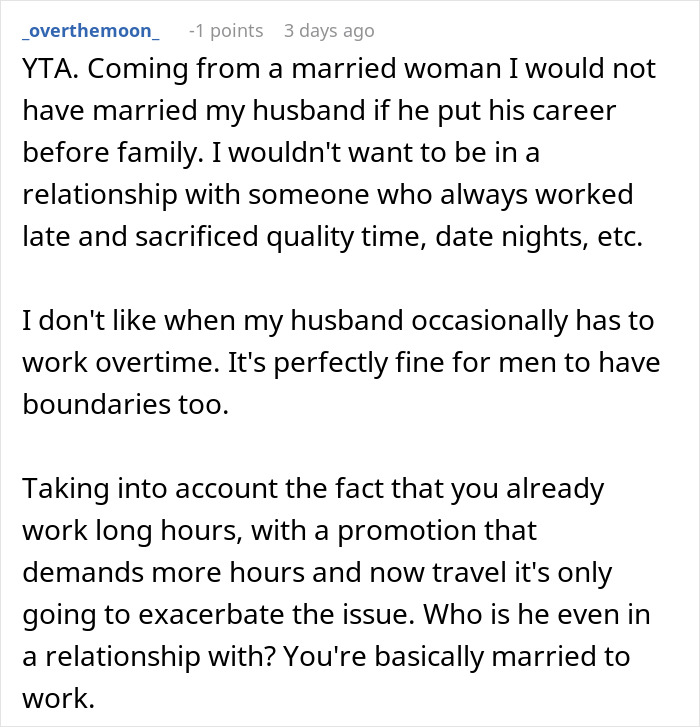 Reddit comment criticizing a person for prioritizing a promotion over family in a marriage discussion.