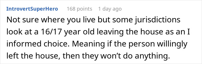 Text comment discussing legal views on 16/17-year-olds leaving home voluntarily. Text comment discussing legal views on 16/17-year-olds leaving home voluntarily.