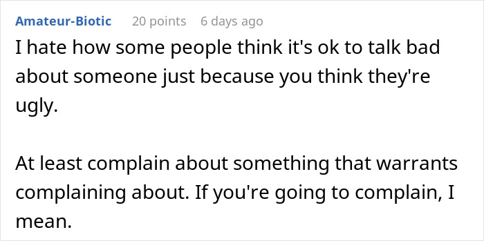 Text post about complaining, referencing criticisms of calling someone ugly.