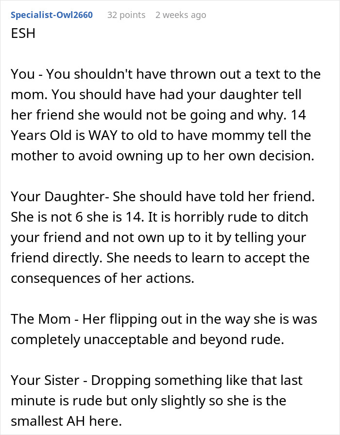 Text discussion on prioritizing a family trip over a daughter's plans with friends, evaluating actions of family members.