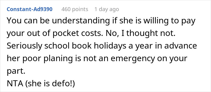 Comment discussing a mom giving a coworker the cold shoulder over a non-refundable vacation conflict. Comment discussing a mom giving a coworker the cold shoulder over a non-refundable vacation conflict.